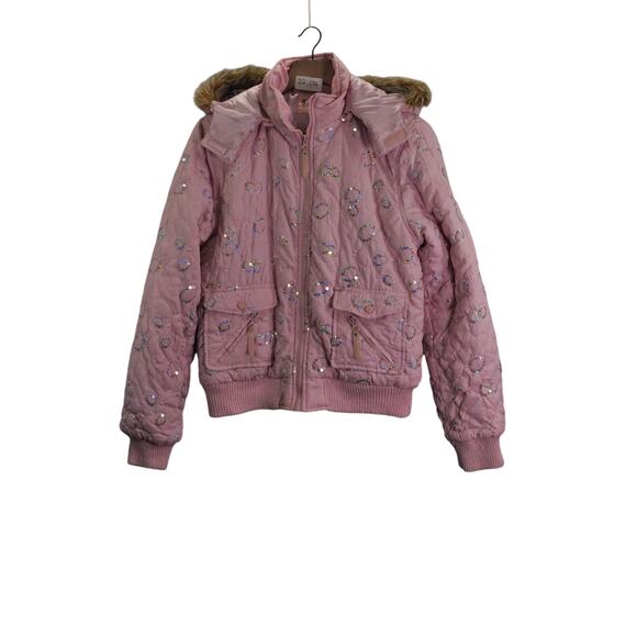 Cappuccino Other - Cappuccino Winter Coat Girls XL Pink Sequins Faux Fur Hooded Jacket